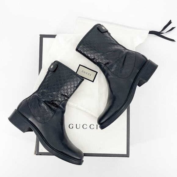 Gucci Black Leather Microguccissima Embossed Moto Biker Ankle Boot size EU 39 - Picture 1 of 15